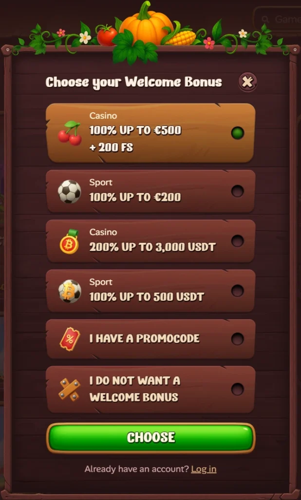 Roostino Casino welcome bonus choices: 100% up to €500 + 200 FS, 200% up to 3,000 USDT, or no bonus