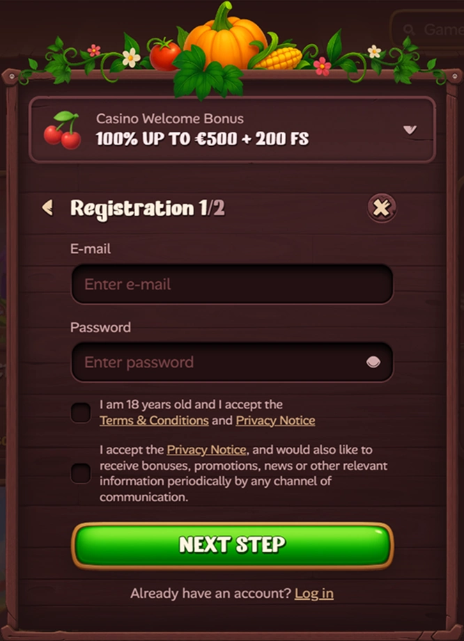 Roostino Casino registration form with bonus offer