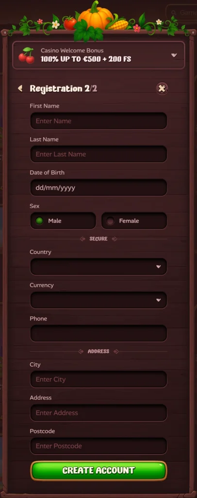 Roostino Casino registration form with name, DOB, and address fields