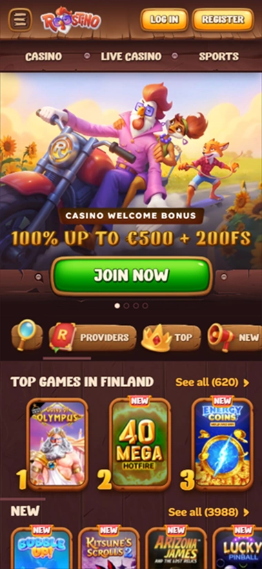 Roostino Casino mobile interface with casino games and live casino options