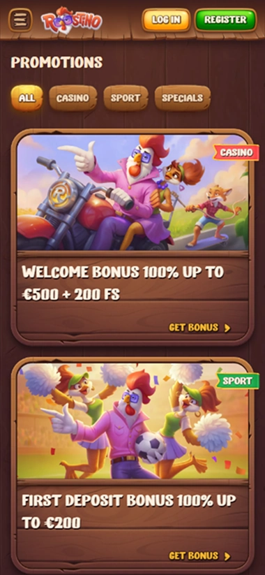Roostino Casino welcome bonus 100% up to €500 + 200 FS