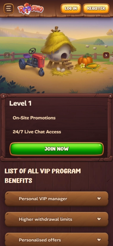 Roostino Casino Level 1 VIP benefits: On-Site Promotions, 24/7 Live Chat