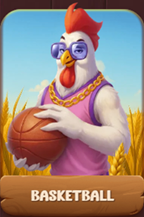 Basketball chicken character wearing sunglasses and gold chain, holding a basketball